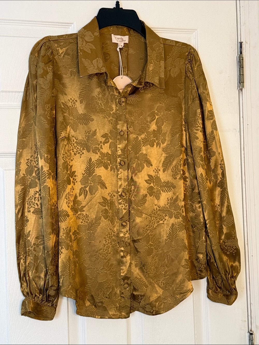 Camila Coelho Gold Floral Satin Jacquard Button-Up Blouse Long Puff Sleeve M - Picture 2 of 9